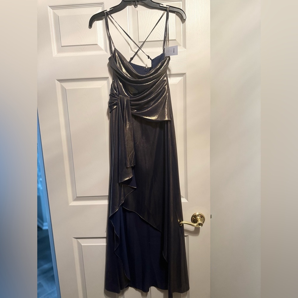 Charli Gold Metallic Cowl Neck High-Low Maxi Dress